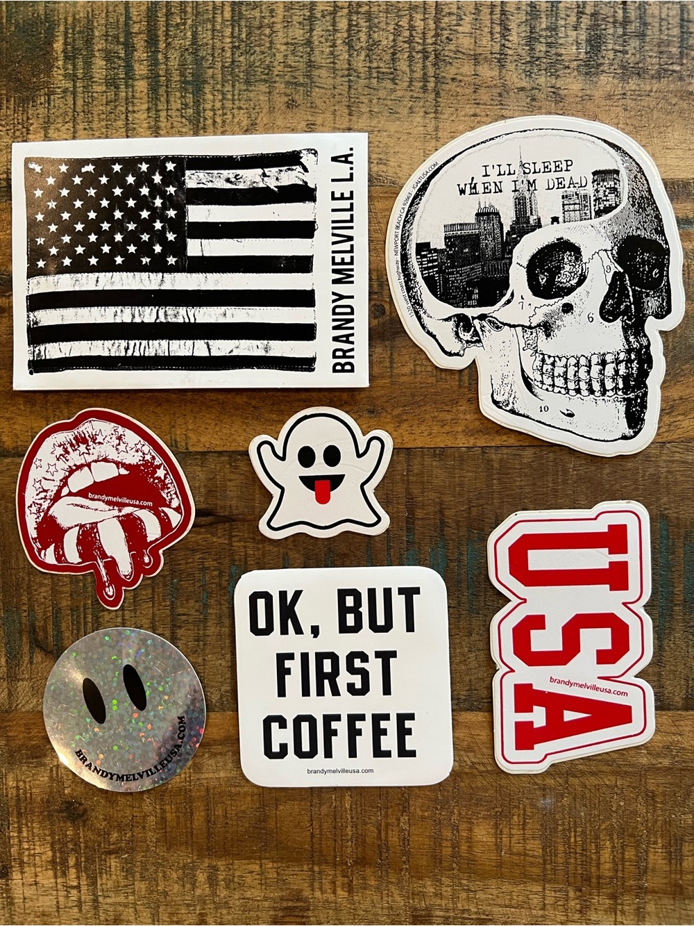 Seven Brandy Melville Stickers Early 00s Unused Skull Coffee Smiley Face Flag